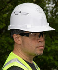 Person wearing Anti Fog Safety Glasses With Semi Frame Scratch Resistant Protective Eyewear For Indoor Outdoor Use Glare Reduction