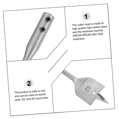 Close-up of DIYEAH 10-piece woodworking drill bit set with flat boring tips in steel for smooth panel drilling