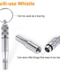 Multi-use whistle from Survival Kit With 6 In 1 Waterproof Case For Camping Hiking Travel And Adventures, shown with keyring feature.
