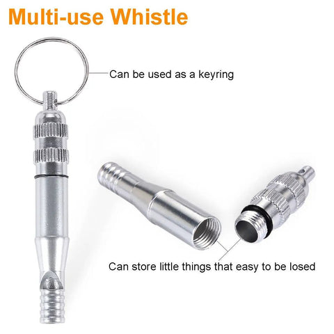 Multi-use whistle from Survival Kit With 6 In 1 Waterproof Case For Camping Hiking Travel And Adventures, shown with keyring feature.
