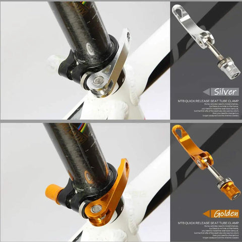 Golden Quick Release Seat Post Clamp For Bikes, Alloy Seat Post Quick Release Pin, CNC Machined Nut, contrasting Silver clamp