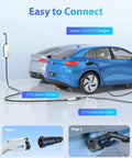 Extra Long J1772 EV Charger Extension Cable 40 Amp 30 Ft Heavy Duty Charging Cord connecting to a blue electric vehicle.