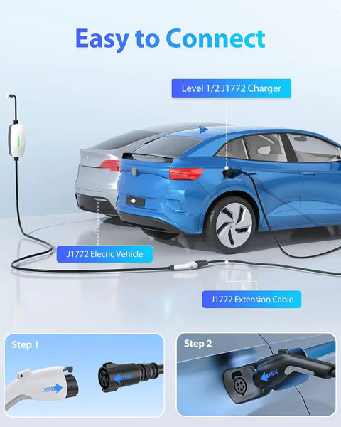 Extra Long J1772 EV Charger Extension Cable 40 Amp 30 Ft Heavy Duty Charging Cord connecting to a blue electric vehicle.