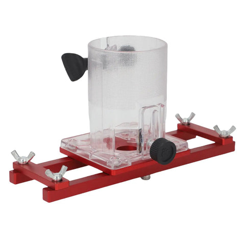 Aluminum Alloy 2 In 1 Palm Router Base For Easy DIY Woodworking Cabinets And Closets Slotting Bracket visible in red and clear materials