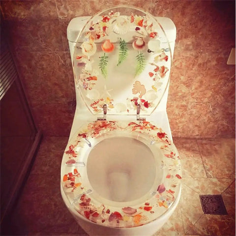Top Notch Universal Slow Close Toilet Seat With Silent Drop Hinges Thick Resin Shell waterproof with seashell design.
