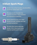 Ignition coil and iridium spark plug with text about features, part of All In One Four Ignition Coils With Four Iridium Spark Plugs Kit For Mercedes Benz