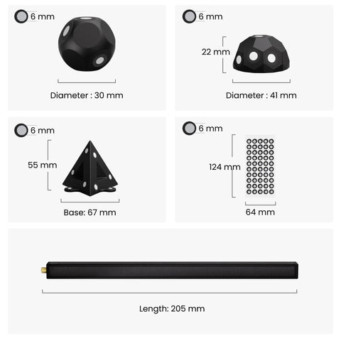 28 Piece Magnetic 3D Scanning Markers Block Kit For Dead On Accurate Tracker Dots And Featureless Surface Prep components arranged by size and shape.