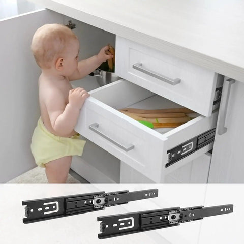 Seven Pair Eight Inch Black Soft Close Drawer Slides Heavy Duty Steel Ball Bearing Gliders in white cabinet with baby.