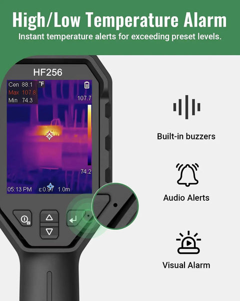 Thermal Imaging Camera With 256x192 IR Resolution And 320x240 Super Resolution showing high/low temperature alert on LCD