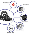 Heavy Hitter 4 Inch Furniture Caster Wheels Featuring Quiet Polyurethane Rollers And Secure Locking Swivel Brakes close-up image with highlighted features.