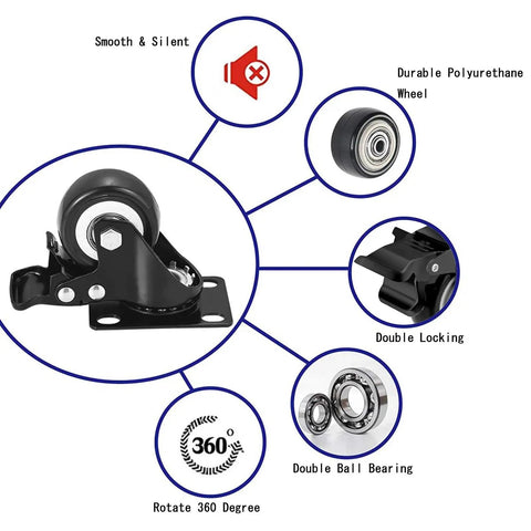 Heavy Hitter 4 Inch Furniture Caster Wheels Featuring Quiet Polyurethane Rollers And Secure Locking Swivel Brakes close-up image with highlighted features.