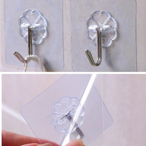 Heavy Duty Self Adhesive Hooks 50 Pack Waterproof Shower Wall Mounts No Drill Damage Free Reusable Utility Holders showing clear adhesive hooks.