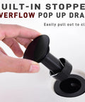 Close-up of overflow pop-up drain assembly from 8 Inch Widespread Brushed Gold Bathroom Faucet, showcasing built-in stopper.