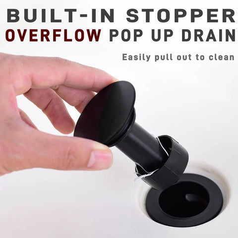 Close-up of overflow pop-up drain assembly from 8 Inch Widespread Brushed Gold Bathroom Faucet, showcasing built-in stopper.