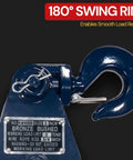 Heavy Duty Snatch Block With Hook, 3 Ton Working Load Limit, Three Inch Sheave, Three Eighths Inch Wire Rope, Wrecker Roll Back Recovery Gear, Steel Construction, Blue Powder Coat Finish with 180° swing ring