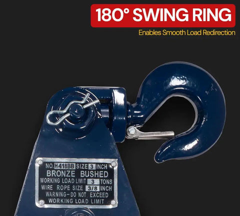 Heavy Duty Snatch Block With Hook, 3 Ton Working Load Limit, Three Inch Sheave, Three Eighths Inch Wire Rope, Wrecker Roll Back Recovery Gear, Steel Construction, Blue Powder Coat Finish with 180° swing ring