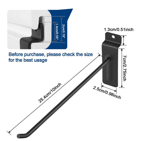 Image showing dimensions of Legit Badass Heavy Duty 10 Inch Slatwall Panel Hooks Black 96 Pack for retail display use.