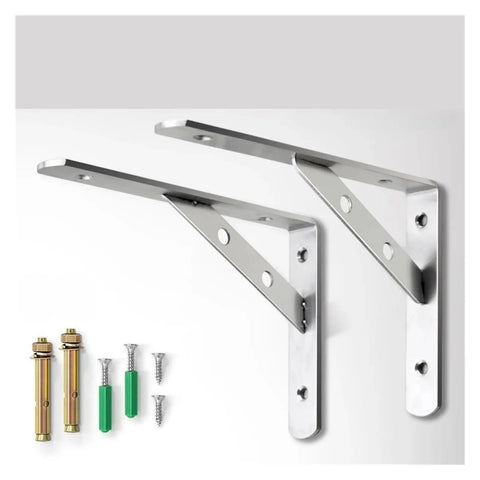 Heavy Duty Stainless Steel Corner Shelf Brackets Wall Mounted L Shape Triangle Supports with hardware for installation.