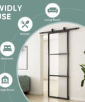 Clear Tempered Glass Barn Door 28 Inch By 84 Inch With Carbon Steel Frame Pre Drilled For Easy Assembly Including 5 Foot Hardware Kit And Soft Close System For Smooth Sliding And Modern Interior Spaces installed in living room