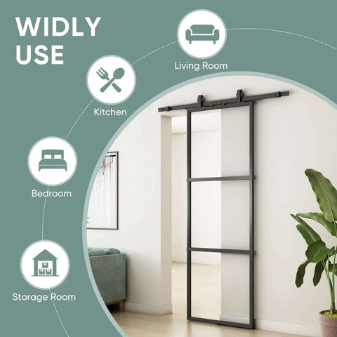 Clear Tempered Glass Barn Door 28 Inch By 84 Inch With Carbon Steel Frame Pre Drilled For Easy Assembly Including 5 Foot Hardware Kit And Soft Close System For Smooth Sliding And Modern Interior Spaces installed in living room