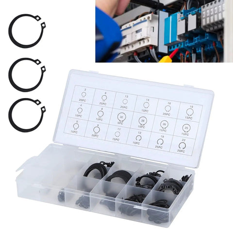 300 Piece E Clip Kit With 2mm To 32mm External Retaining Rings Set In Hardened Metal in plastic case, wiring project setup