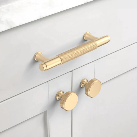 Matte Gold Knurled Cabinet Knobs Ten Pack For Dresser And Kitchen Cabinets, One And One Fifth Inch, Brushed Gold Hardware Handles