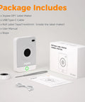 Straight Up Sleek Pocket Friendly Bluetooth Label Maker With Built In Battery And Sweet Template Pack for DIY projects, showing included USB cable, tape, and manual.