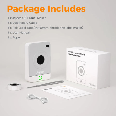 Straight Up Sleek Pocket Friendly Bluetooth Label Maker With Built In Battery And Sweet Template Pack for DIY projects, showing included USB cable, tape, and manual.