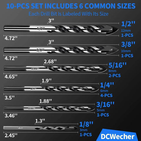 DCWecher 10-Pcs Masonry Drill Bit Set, carbide-tipped bits, six common sizes (1/8–1/2 in), front view.