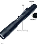 Ultra Slim Pen Flashlight With Clip, Super Bright 1000 Lumen LED Mini Penlight shown with labeled aluminum body and tail button