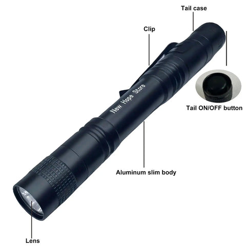 Ultra Slim Pen Flashlight With Clip, Super Bright 1000 Lumen LED Mini Penlight shown with labeled aluminum body and tail button