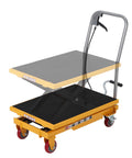 Hydraulic lift table cart with double scissor lift, 32.2 in lift height, yellow frame, two non-slip platforms, four wheels, reflective strips