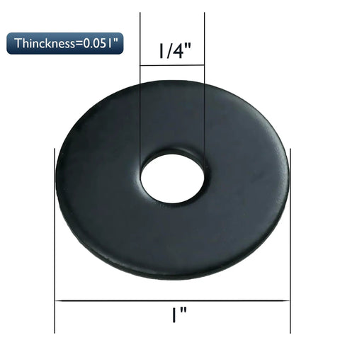 50 Pcs Quarter Inch Fender Washer Black Zinc Plated 1 Inch OD, showing dimensions and thickness of heavy duty hardware.
