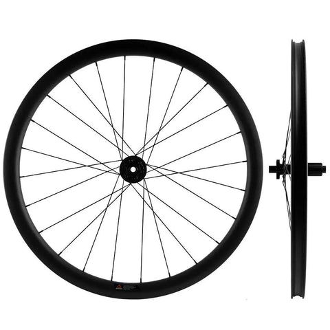 38mm Carbon Tubeless Disc Road Wheelset 700C With Center Lock Front 12x100mm Rear 12x142mm side and front view