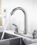 Heavy Duty Rv Kitchen Faucet With Chrome Finish And Abs Body Built Tough Offers Two Levers Plus Eight Inch Base Sweet High Arch Spout Swivels Fully For Hassle Free Cleaning And Includes Plug And Play Hookup With Flow Saving Aerator Perfect For Motorhomes, shown in modern kitchen setting with water stream.