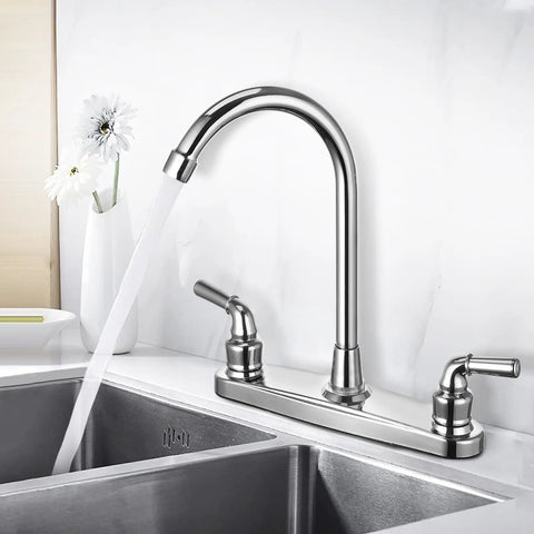 Heavy Duty Rv Kitchen Faucet With Chrome Finish And Abs Body Built Tough Offers Two Levers Plus Eight Inch Base Sweet High Arch Spout Swivels Fully For Hassle Free Cleaning And Includes Plug And Play Hookup With Flow Saving Aerator Perfect For Motorhomes, shown in modern kitchen setting with water stream.