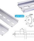 Aluminum DIN Rails 3-Piece Set, 4 Inches Long, 35mm Wide, 7.5mm High RoHS Certified with dimensions and technical drawings visible