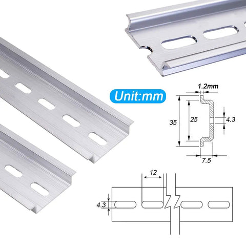 Aluminum DIN Rails 3-Piece Set, 4 Inches Long, 35mm Wide, 7.5mm High RoHS Certified with dimensions and technical drawings visible