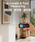 230ft Laser Distance Meter 1/16 Inch Accuracy Digital Laser Measuring Tool with Backlit LCD 8 Measurement Modes 30 Data Storage in hand measuring room wall