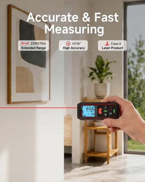 230ft Laser Distance Meter 1/16 Inch Accuracy Digital Laser Measuring Tool with Backlit LCD 8 Measurement Modes 30 Data Storage in hand measuring room wall