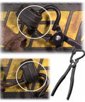 Mejiao exhaust hanger removal tool with rubber bracket; black metal pliers with curved hooks, close-up of rubber hanger
