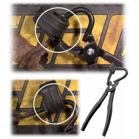 Mejiao exhaust hanger removal tool with rubber bracket; black metal pliers with curved hooks, close-up of rubber hanger