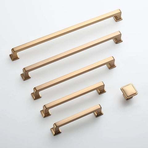10 Pack 5 Inch Cabinet Handles In Champagne Bronze For Kitchen And Dresser Drawers, shown in various sizes including square knob.