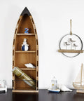 Wooden Boat Shelf With Three Shelves For Beachy Nautical Decor Free Standing Coastal Wall Display Ship Shape Bookcase Rustic Nautical Home Decor 32 Inch Long Perfect Gift For Beach Homes And Coastal Collectors showcasing decor elements.