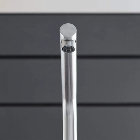 Clean Lines Single Handle Pull Out Kitchen Faucet With Laminar Spray Led Knobs For Chilled Sparkling Water Butter Smooth Pour 180 Swivel Spout Real Game Changing Kitchen Upgrade close-up view of spout head.