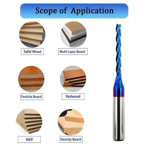 2 pcs blue-coated CNC router bits, extra-long spiral, 3-flute, 1/8 in dia, 1/4 in shank, solid carbide end mills