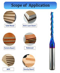 CNC router bit, 3-flute, 1/8 in cutting diameter, 1/4 in shank, blue-coated solid carbide end mill for wood carving
