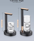 Black adjustable desktop water pump for 5-gallon bottles, shown with two height settings and glasses of water, quiet modern design.
