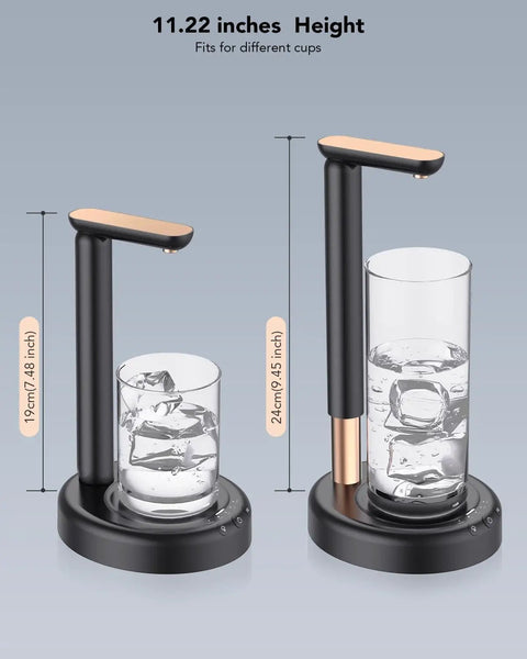 Black adjustable desktop water pump for 5-gallon bottles, shown with two height settings and glasses of water, quiet modern design.