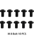 Ten black M8 bolts, arranged in two rows, each with a round head and threaded body, labeled 'M 8 Bolt 10 PCS'.